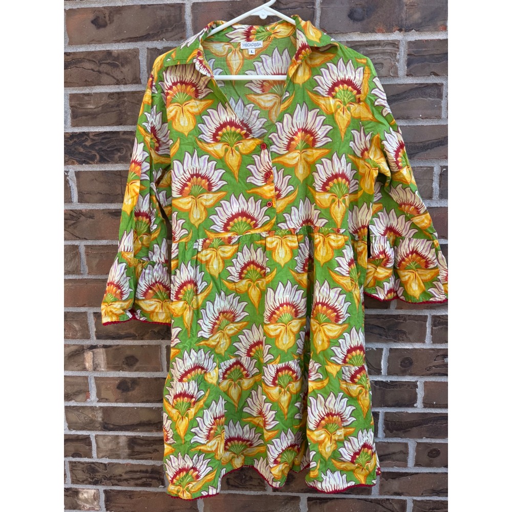 Modaposa Womens L Green Tropical Floral Pom Pom Trim Tiered Cotton Mini Dress